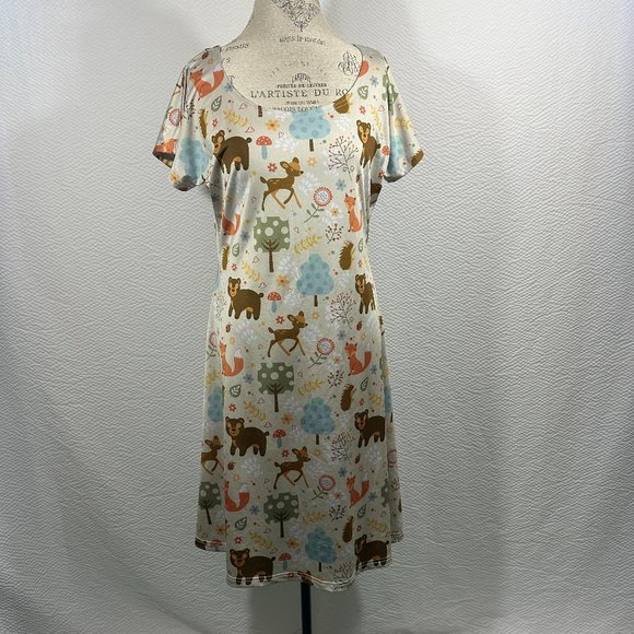 Colorful Whimsical Woodland Animals Pattern Cap Sleeve Dress Comfy Spring - Picture 3 of 11